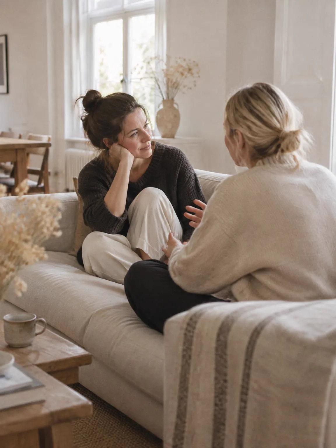 To kvinder sidder tæt sammen på en sofa og lytter til hinanden.