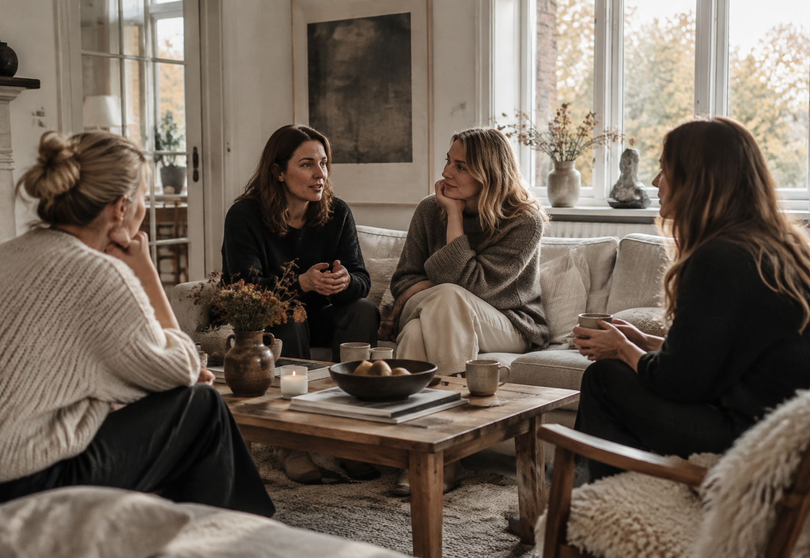 Fire kvinder sidder omkring et sofabord i en lys stue og taler sammen.